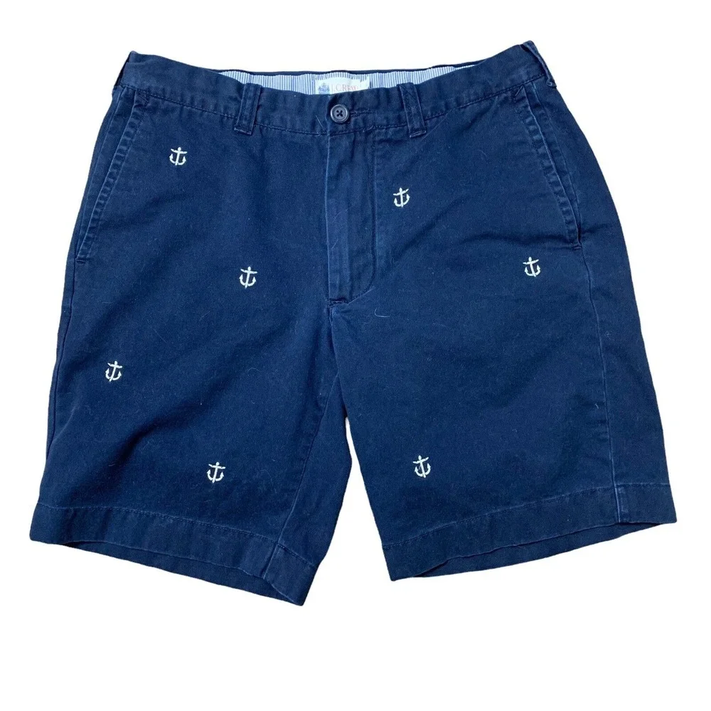 J.Crew 31 Chino Shorts Navy Blue Embroidered Anchor 92063 Nautical Preppy Mens